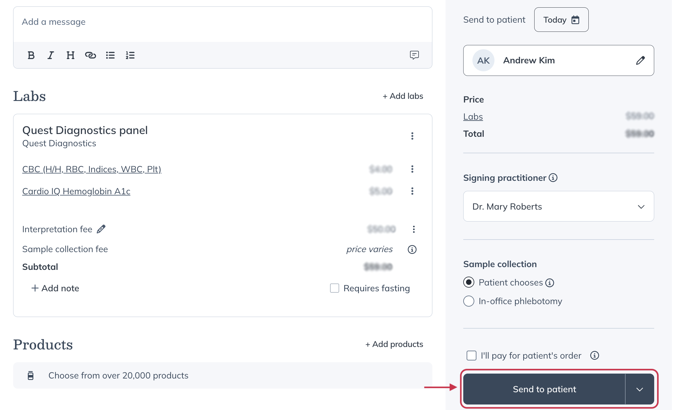 The Review plan page with the Send to patient button selected.